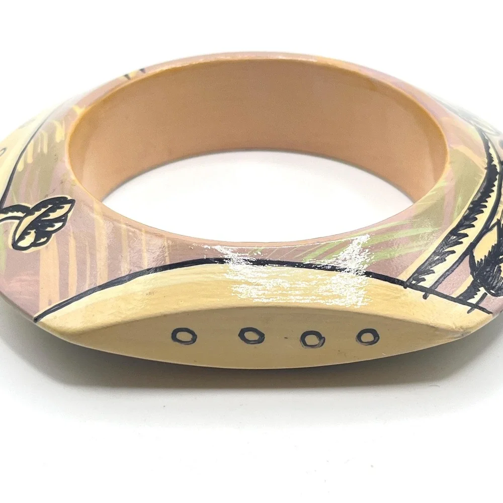 Vintage Lacquered Hand-Painted Floral Flower Mauve Purple Wood Bangle Bracelet